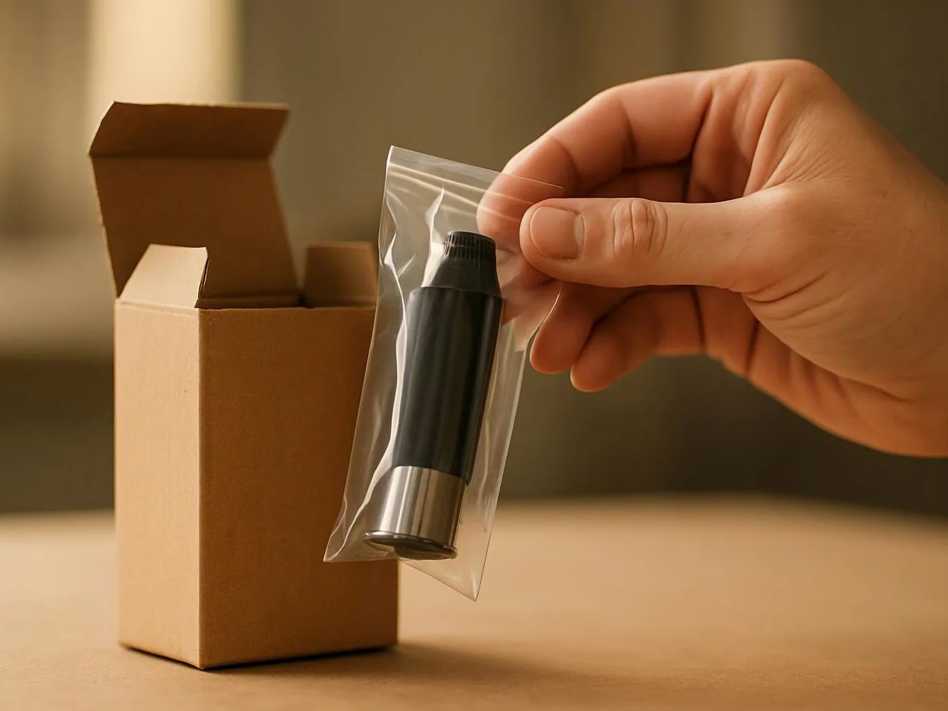 A hand holds a small black cylinder in a clear plastic bag beside an open cardboard box