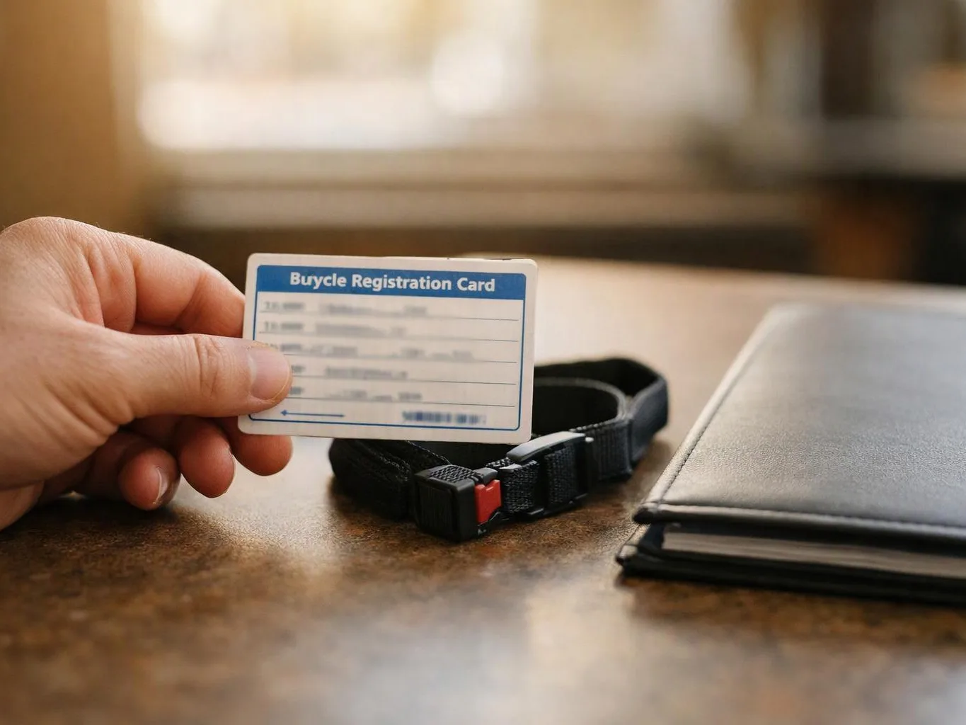 A hand holds a small registration card beside a black strap and a closed black folder on a wooden table