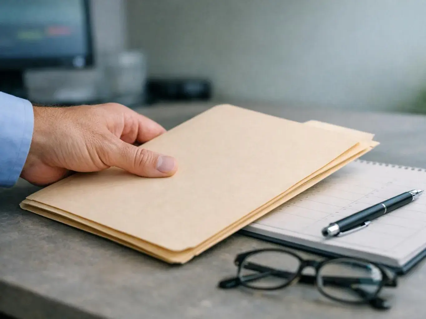 A hand holds a stack of manila folders beside a notebook, pen, and eyeglasses on a desk