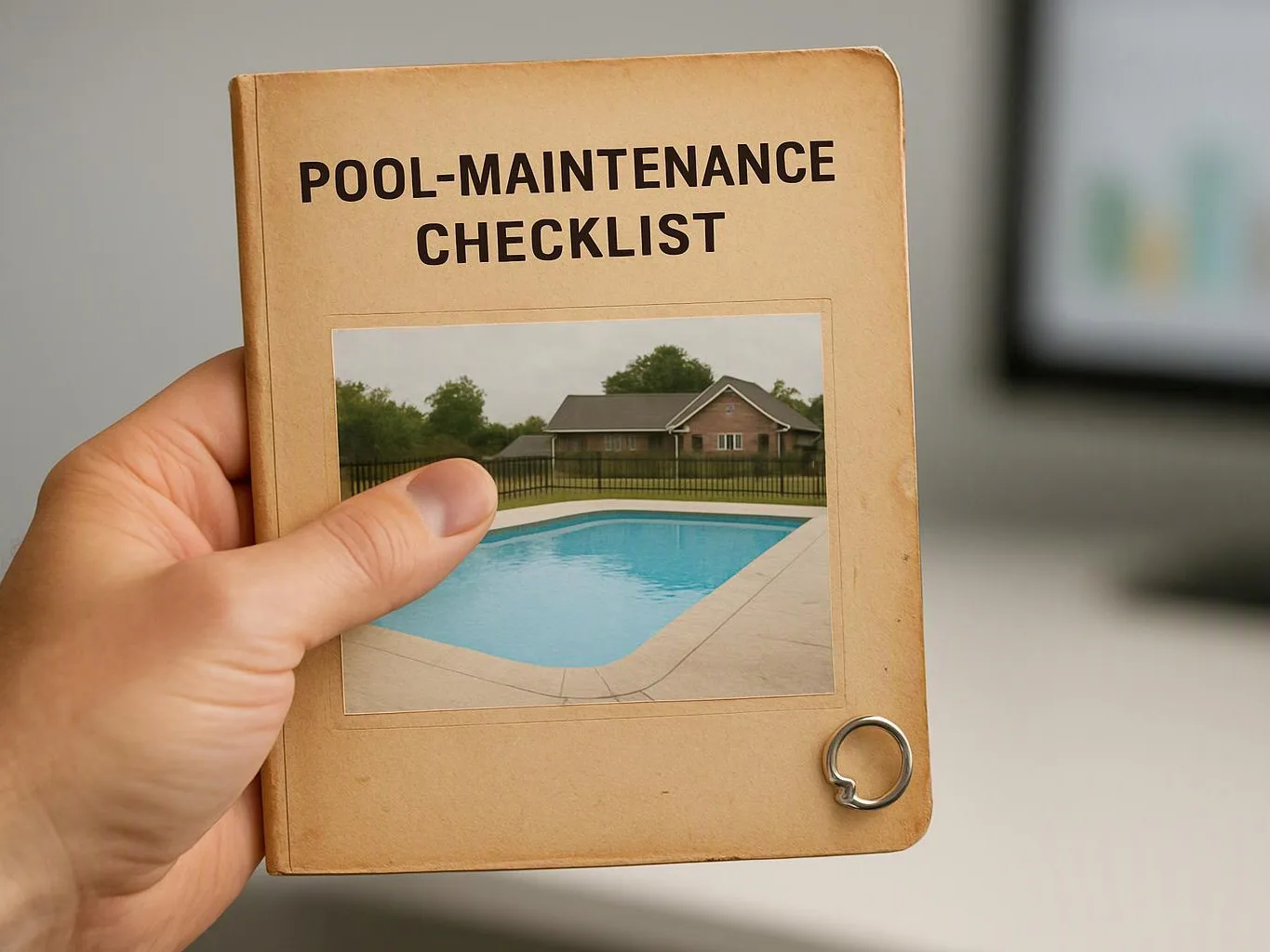 A hand holds a tan booklet labeled “POOL-MAINTENANCE CHECKLIST” with a pool photo on the cover