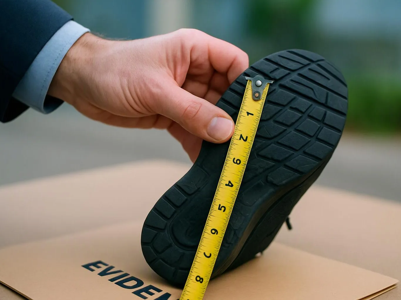 A hand measures a black shoe sole with a yellow tape measure over a cardboard box