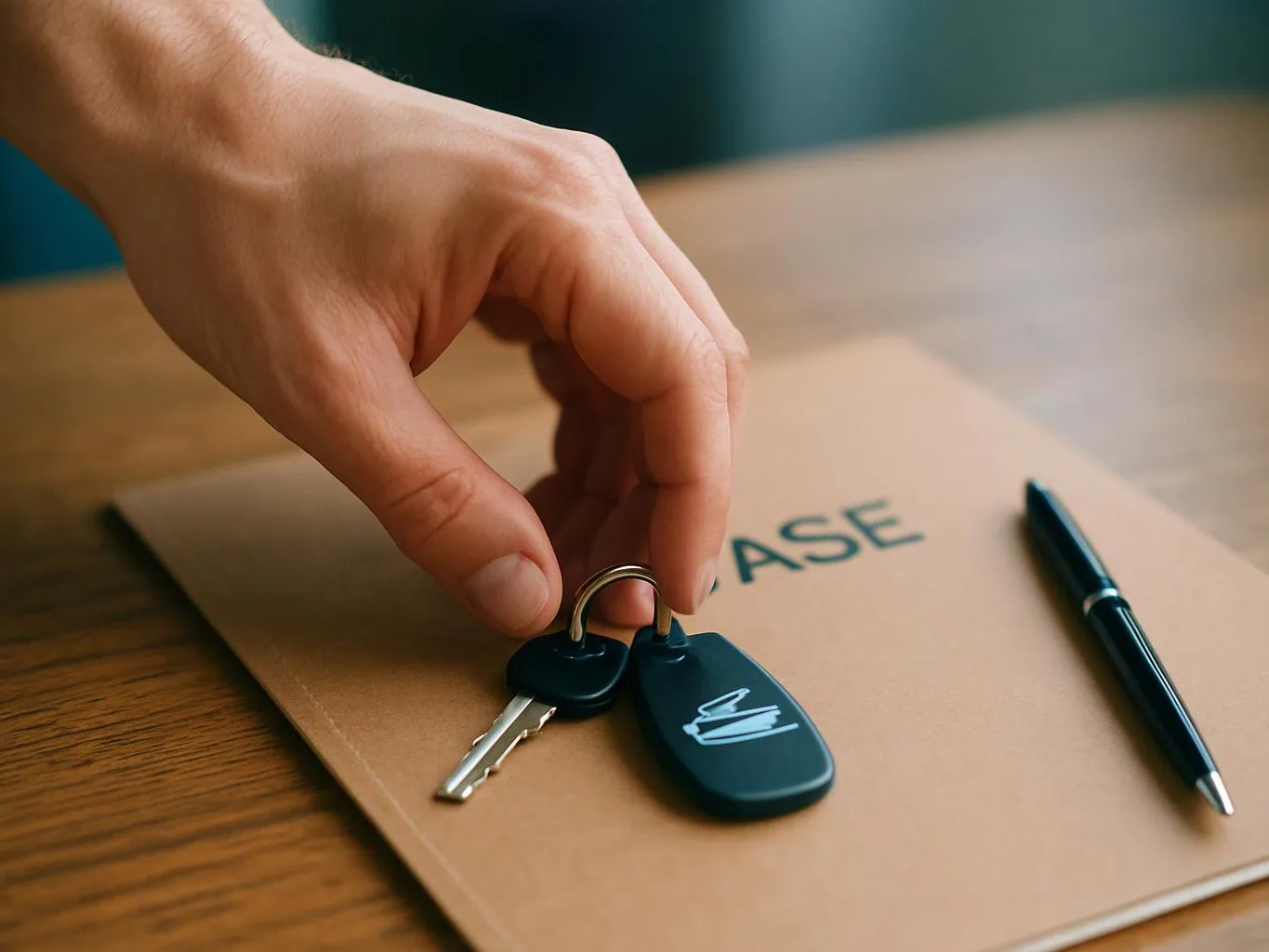 A hand places car keys on a folder beside a pen on a wooden table