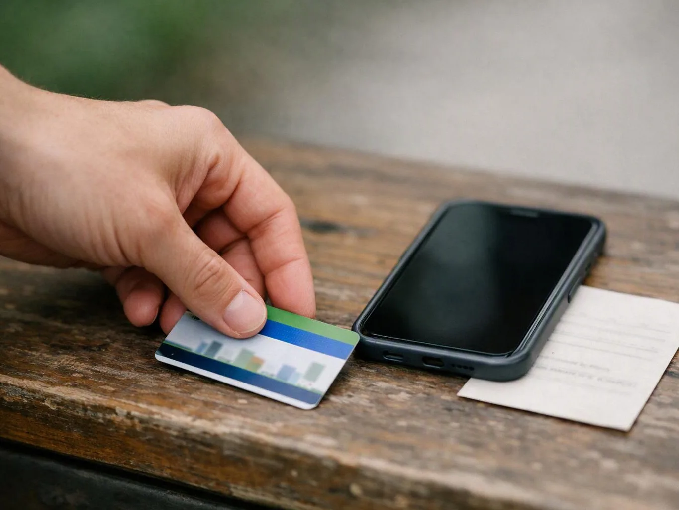 A hand places a payment card beside a smartphone on a wooden table