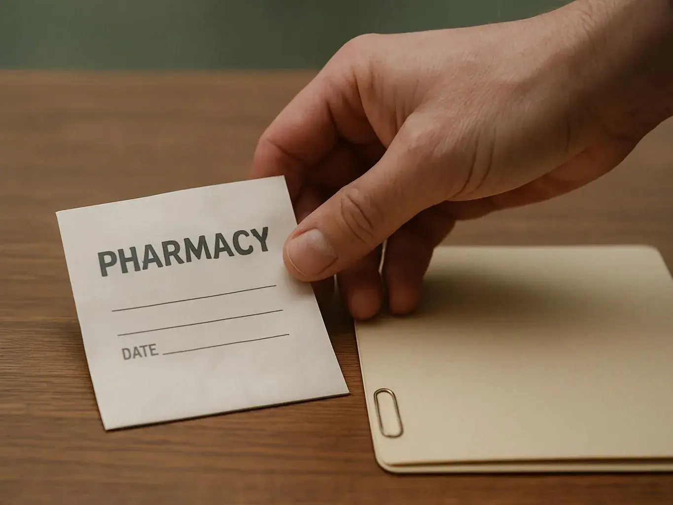 A hand places a pharmacy note card beside a beige folder on a wooden table
