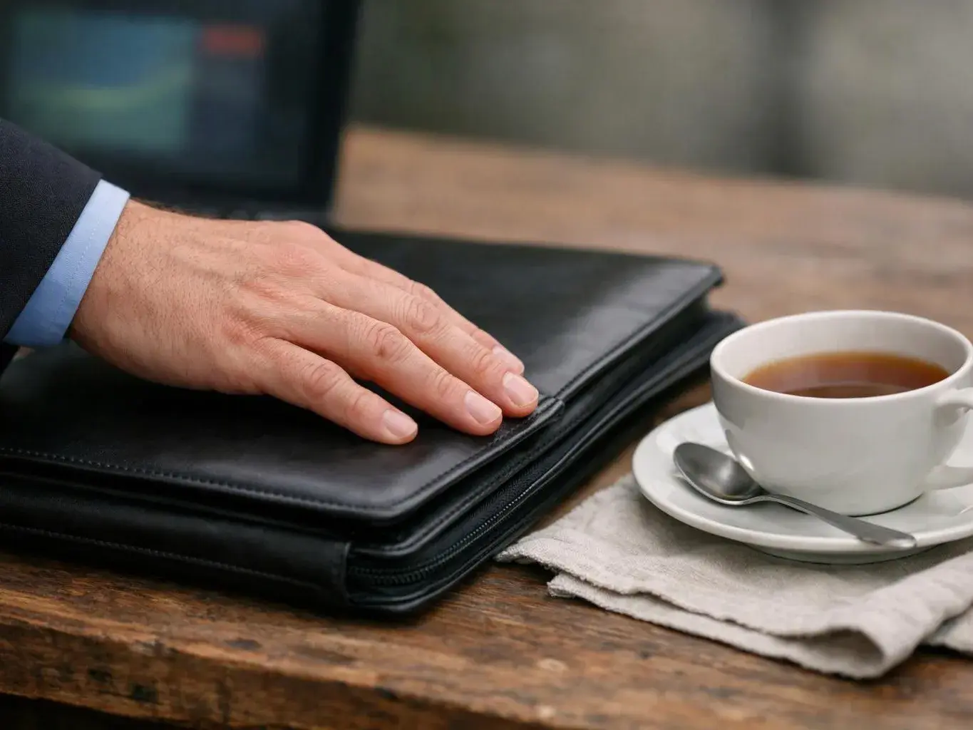 A hand rests on a black leather folder beside a cup of tea on a wooden table