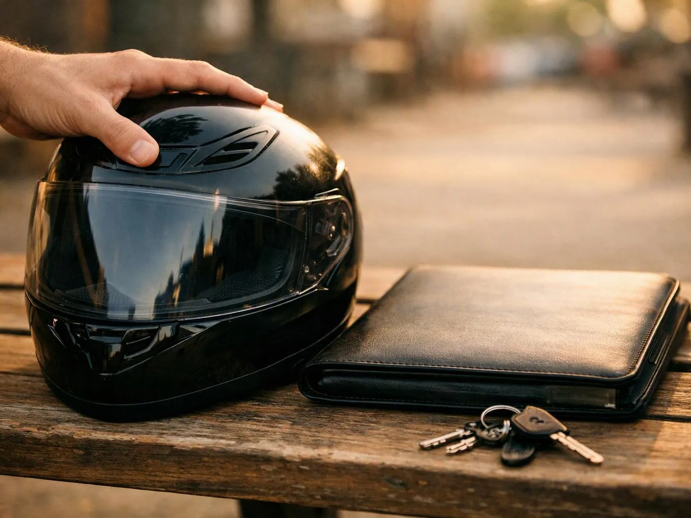 A hand rests on a black motorcycle helmet beside a wallet and keys on a wooden bench
