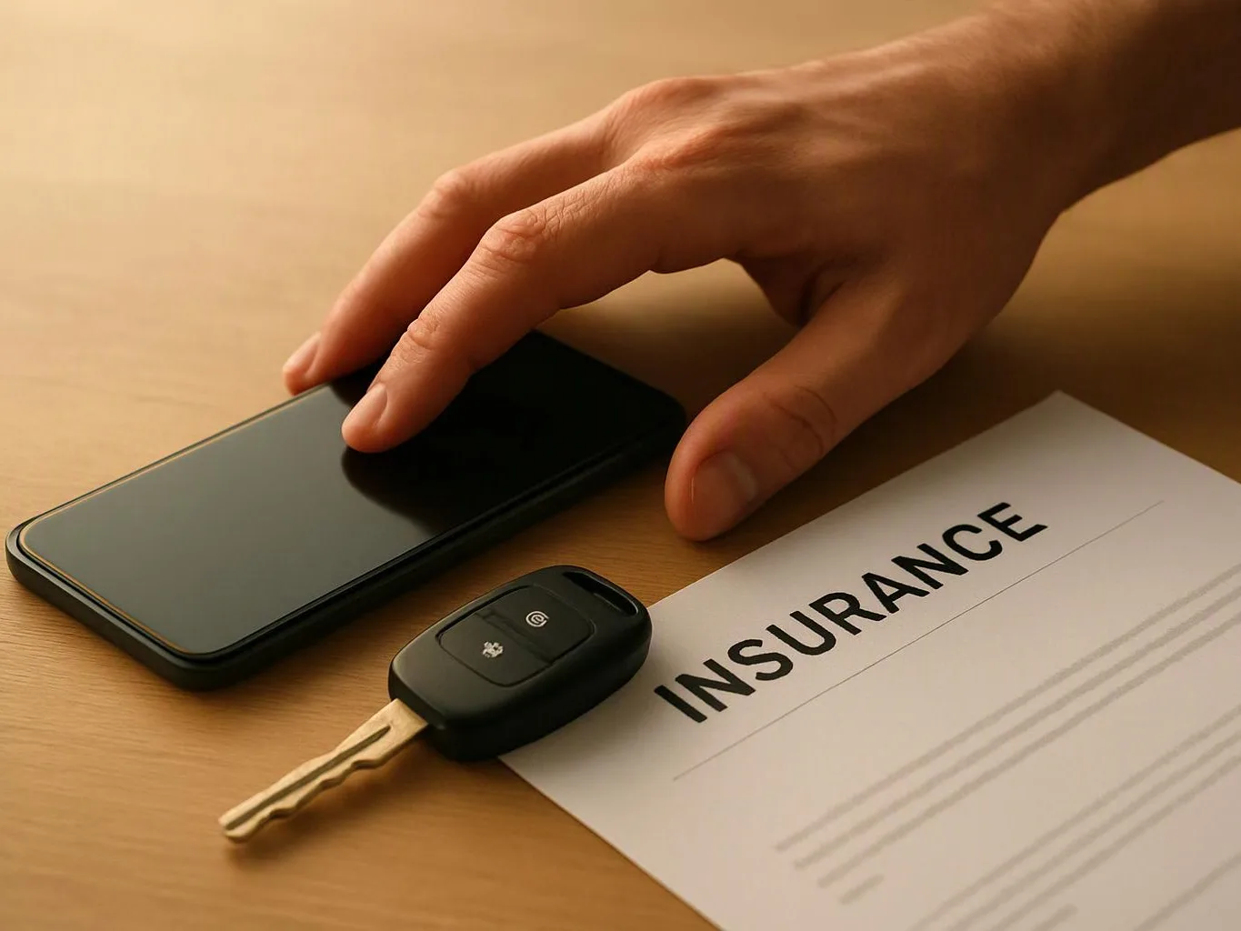A hand rests on a smartphone beside a car key and an insurance form on a wooden table