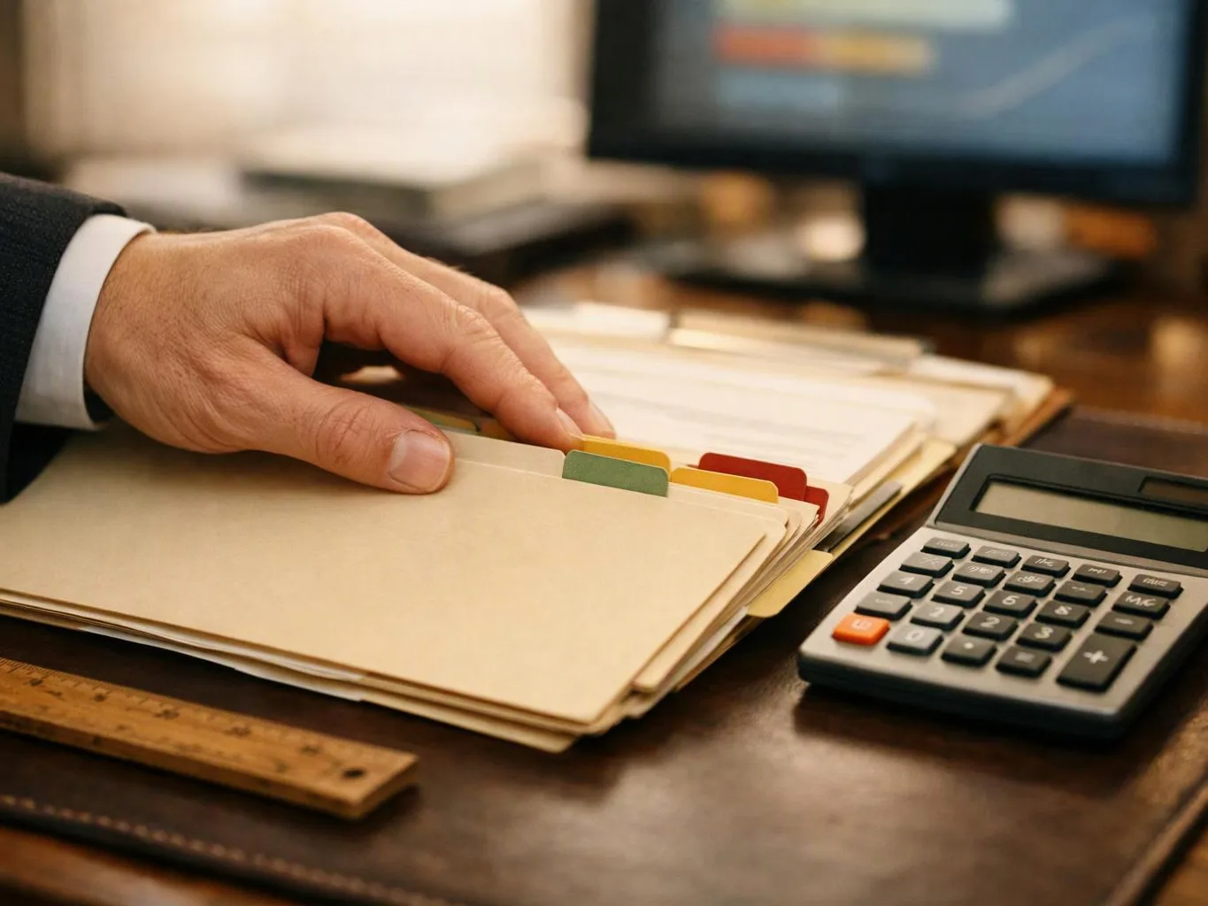 A hand sorts tabbed file folders on a desk beside a calculator and ruler