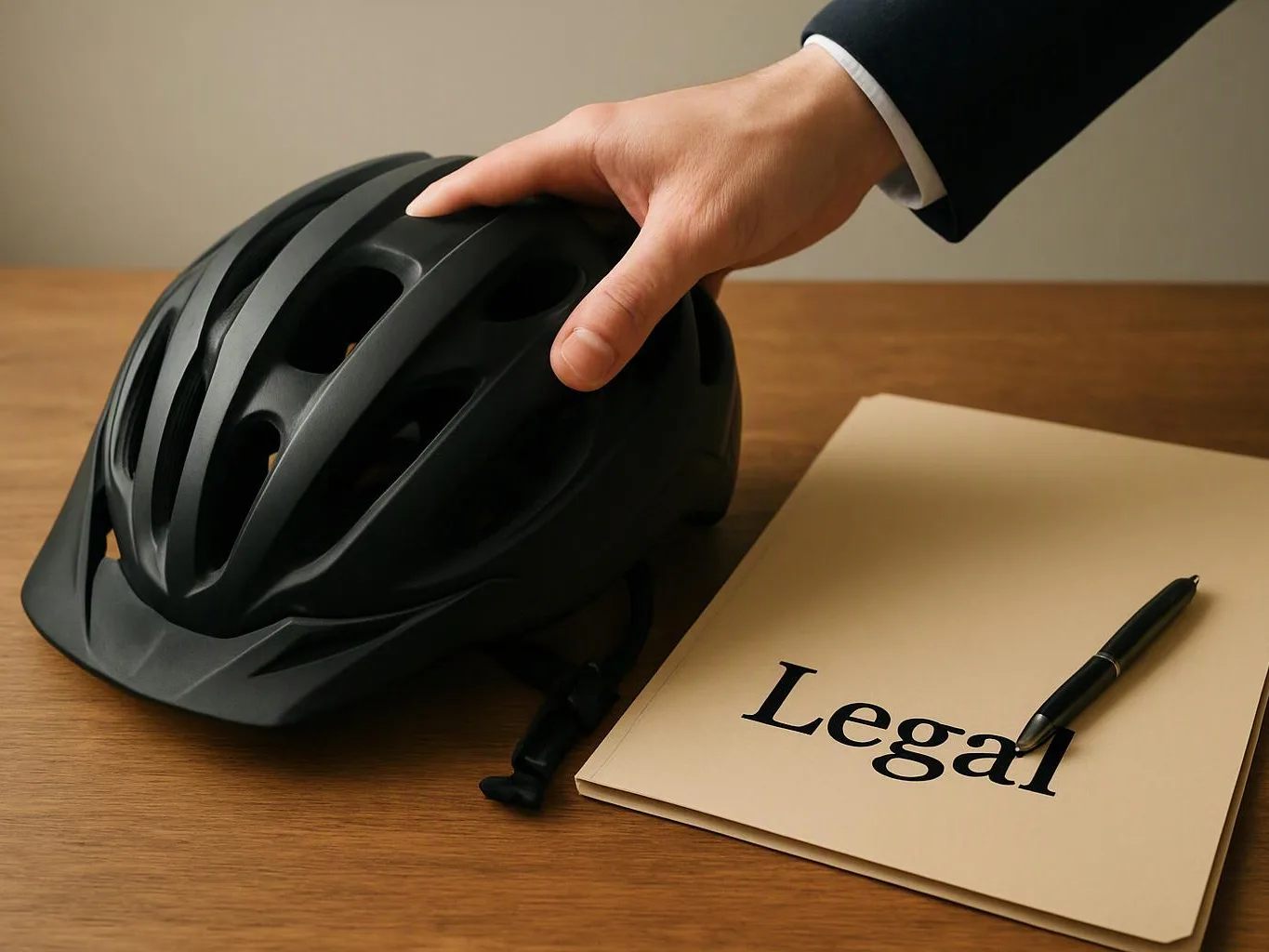 A hand in a suit touches a black bicycle helmet beside a folder labeled Legal and a pen on a wooden table
