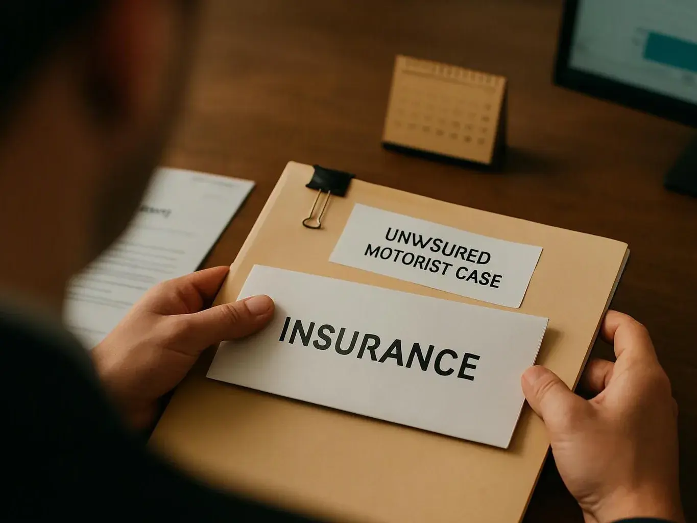 Hands hold a file folder labeled "INSURANCE" and "UNWSURED MOTORIST CASE" on a desk