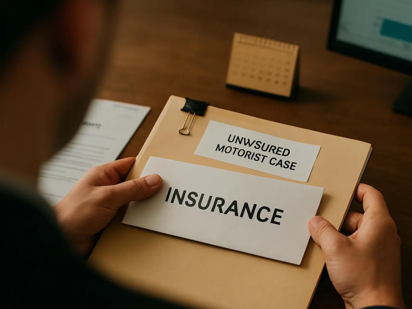 Hands hold a folder labeled “INSURANCE” and “UNWSURED MOTORIST CASE” on a desk with papers and a calendar