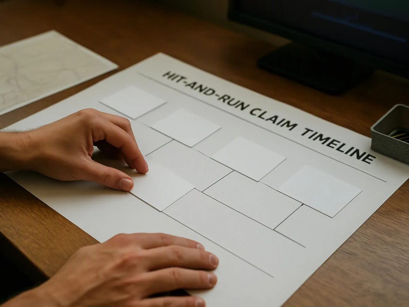Hands place blank cards on a paper timeline labeled “HIT-AND-RUN CLAIM TIMELINE” on a wooden desk
