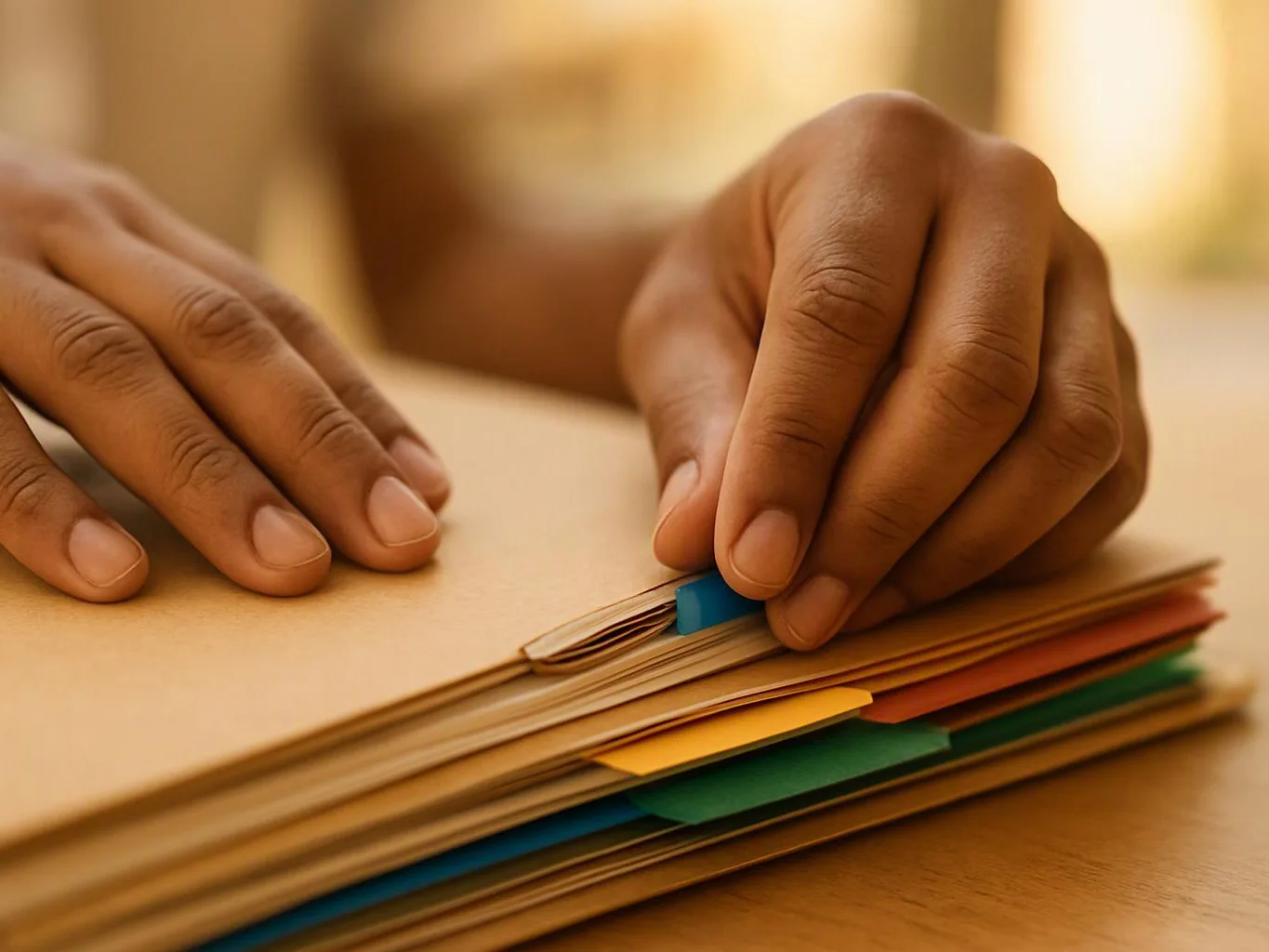 Hands sort through a stack of papers with colorful tab dividers on a wooden table