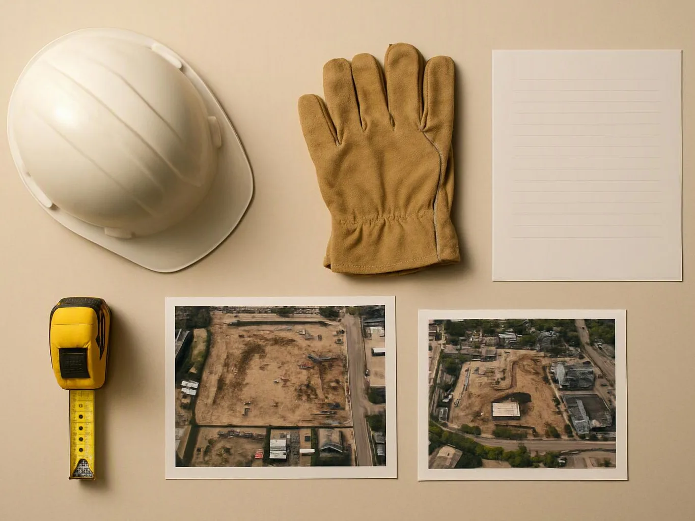 A hard hat, work glove, blank lined paper, tape measure, and two site photos sit on a beige background