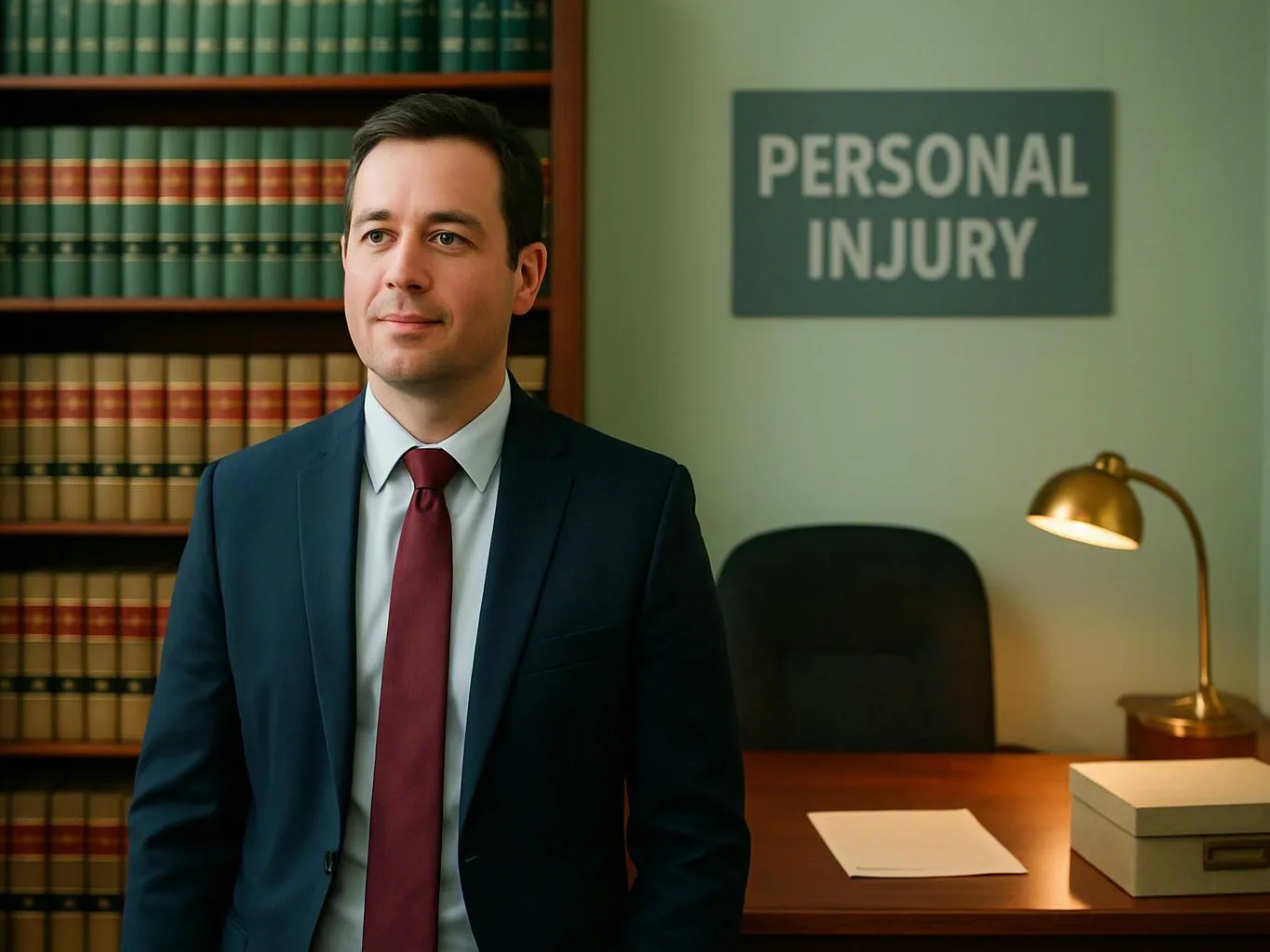 A man in a suit stands in a law office beside bookshelves, a desk, and a sign reading personal injury