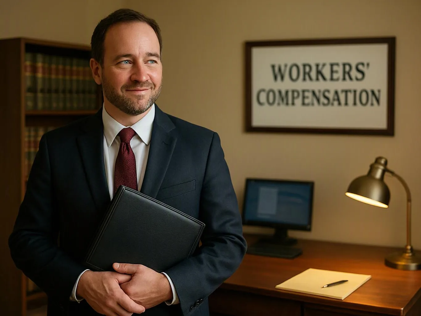 A suited man holds a black folder in an office with a desk lamp, computer, and a workers compensation sign