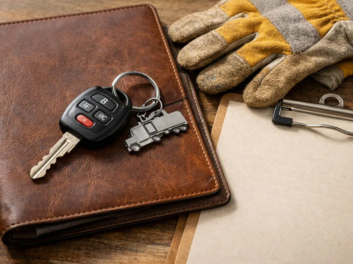 A key ring with a car remote and truck charm rests on a leather notebook beside work gloves and a clipboard