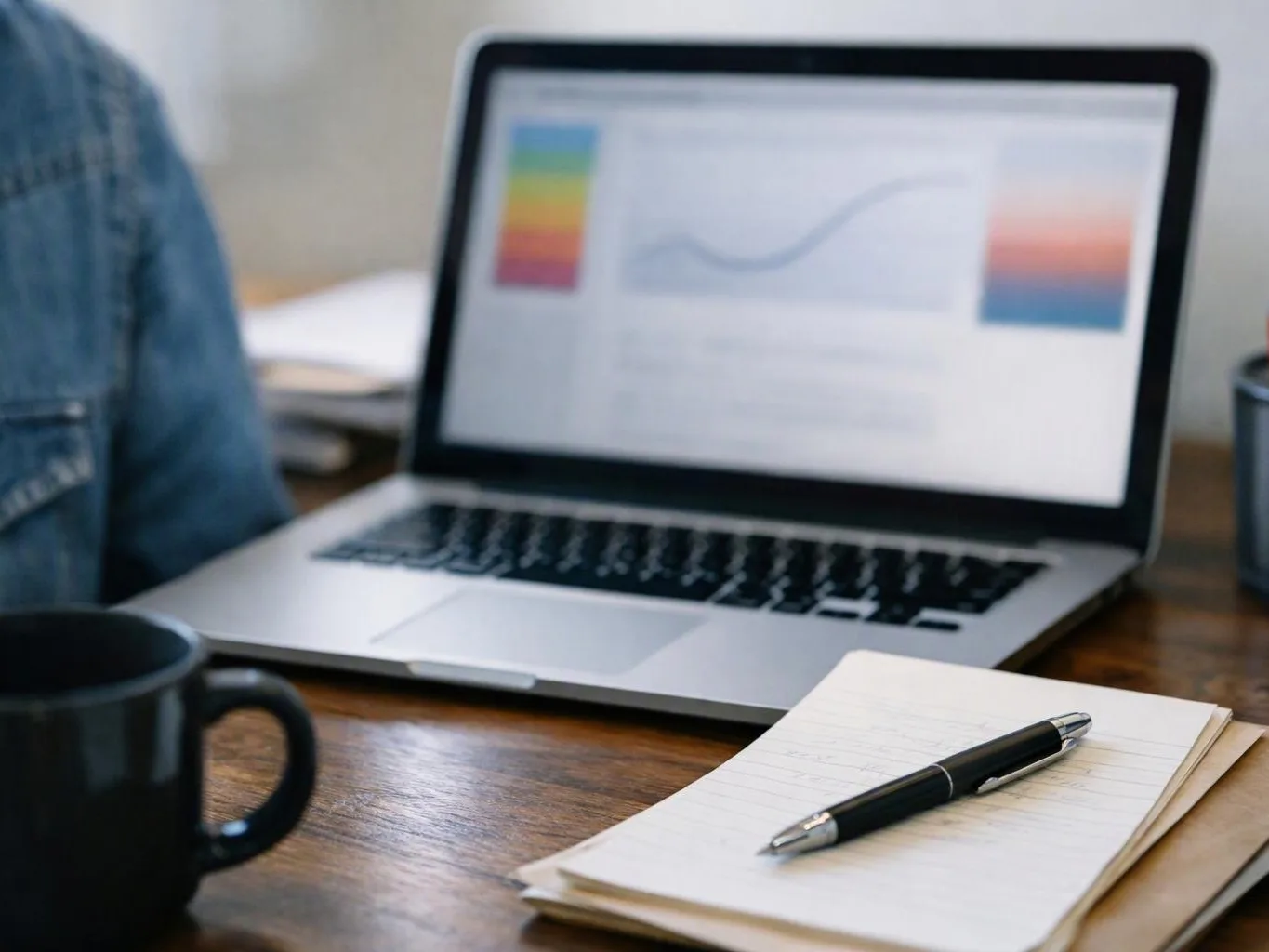 A laptop shows a blurred chart on a wooden desk beside a notebook, pen, and coffee mug