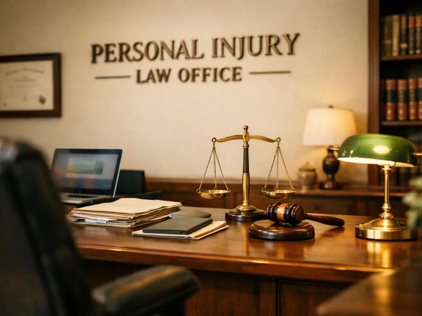 A law office desk holds a scale, gavel, folders, laptop, and lamp beneath personal injury wall text