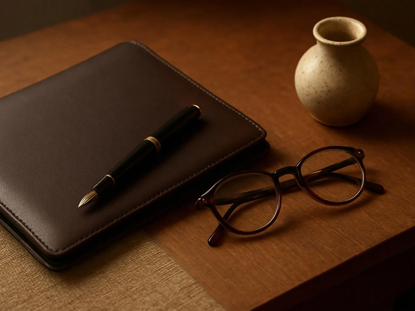 A leather notebook, fountain pen, round glasses, and small ceramic vase rest on a wooden desk