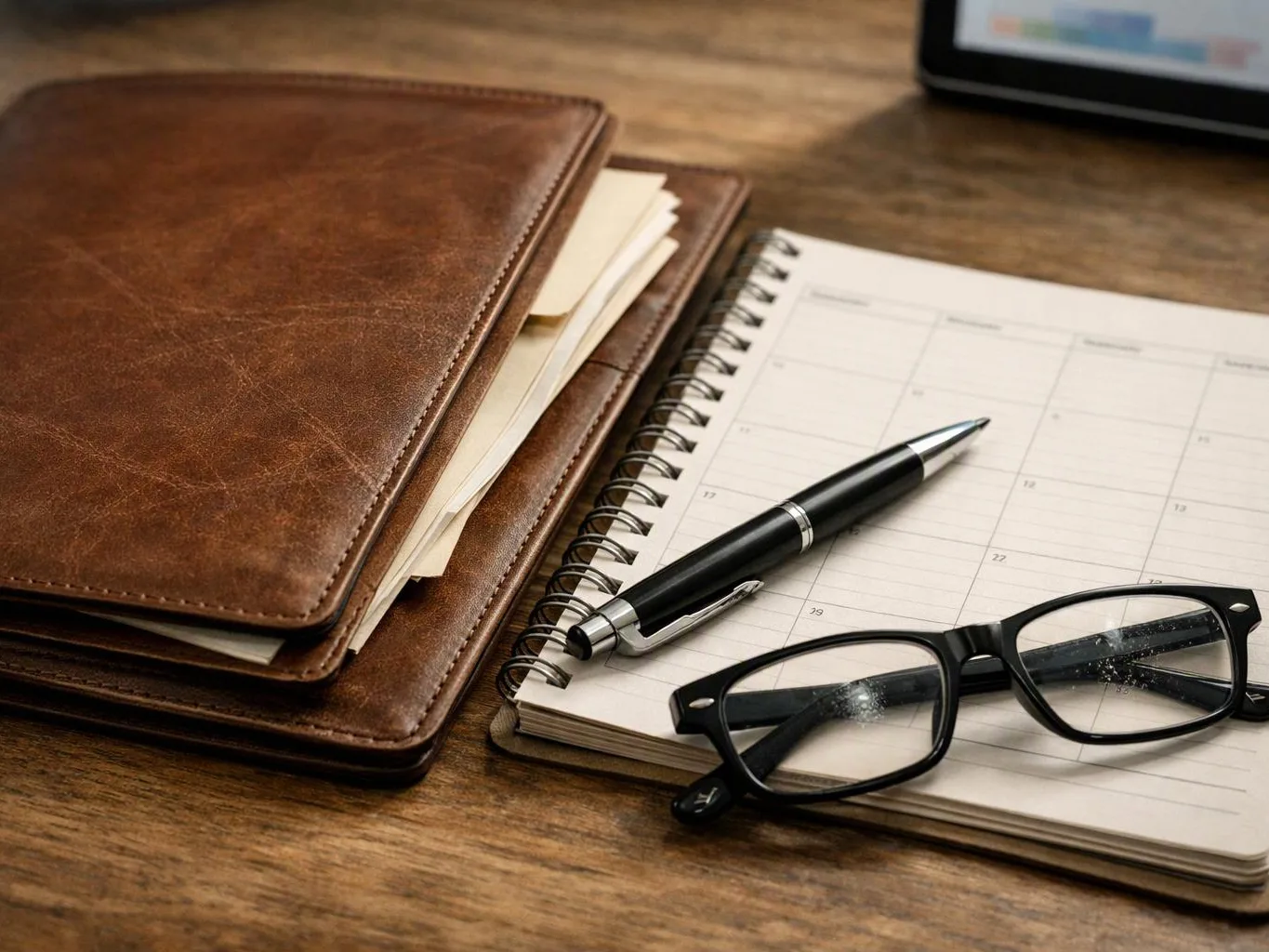 A leather planner, spiral calendar, pen, and eyeglasses rest on a wooden desk
