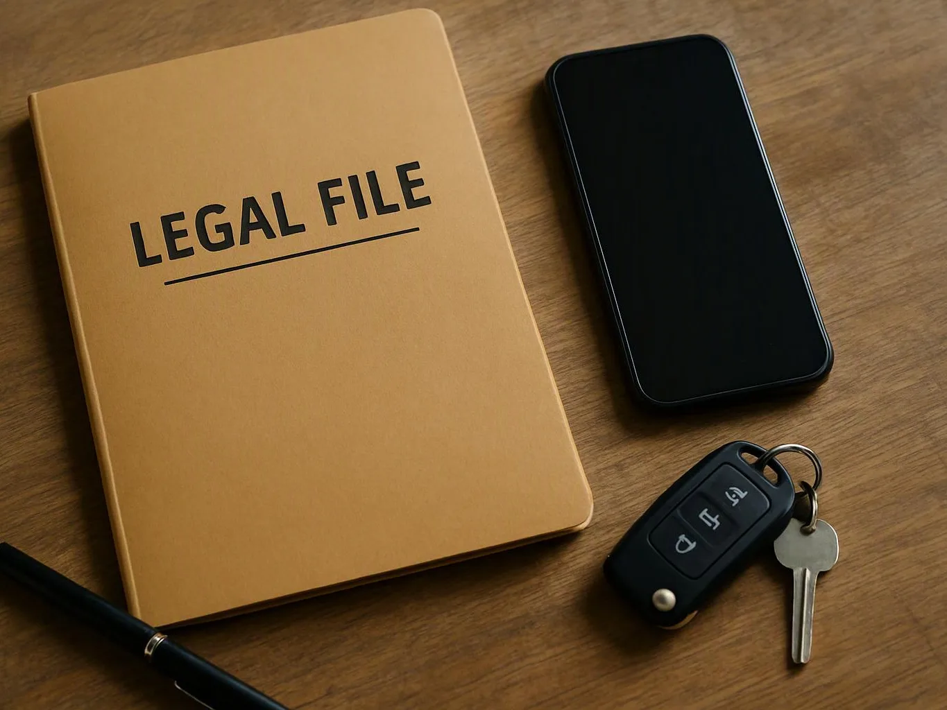 A legal file, smartphone, car key, and pen rest on a wooden desk