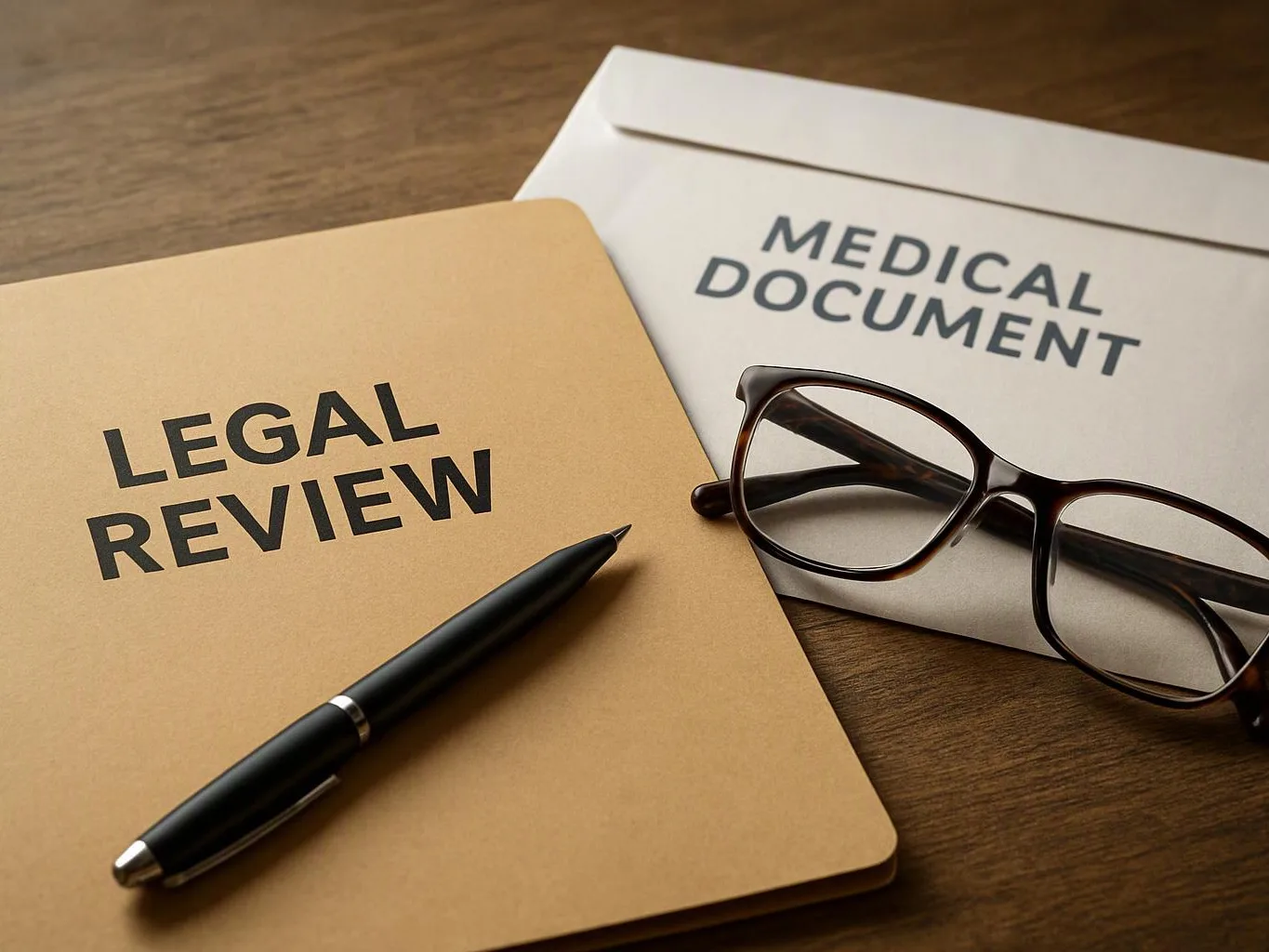 Legal review and medical document folders lie on a wooden desk beside a pen and eyeglasses