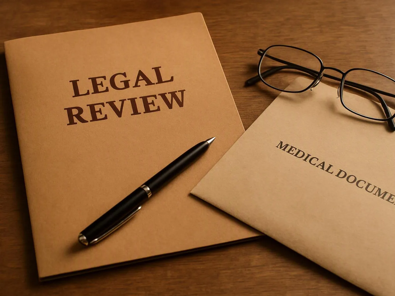 Legal review and medical document folders sit on a wooden desk with glasses and a pen