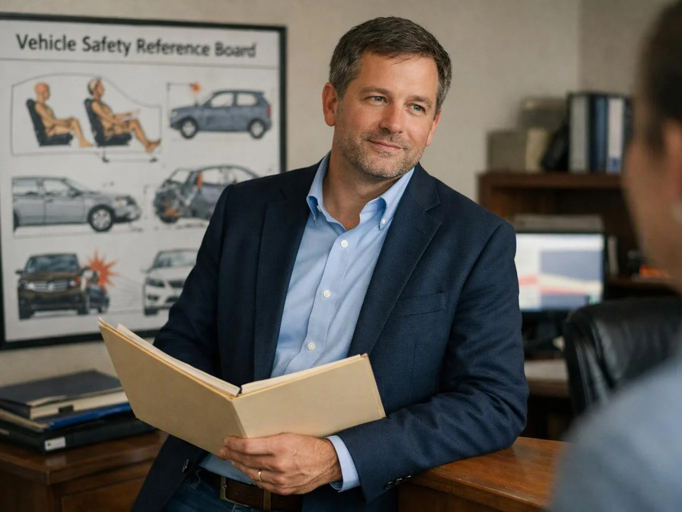 A man in a blazer holds an open folder in an office, with a vehicle safety poster behind him