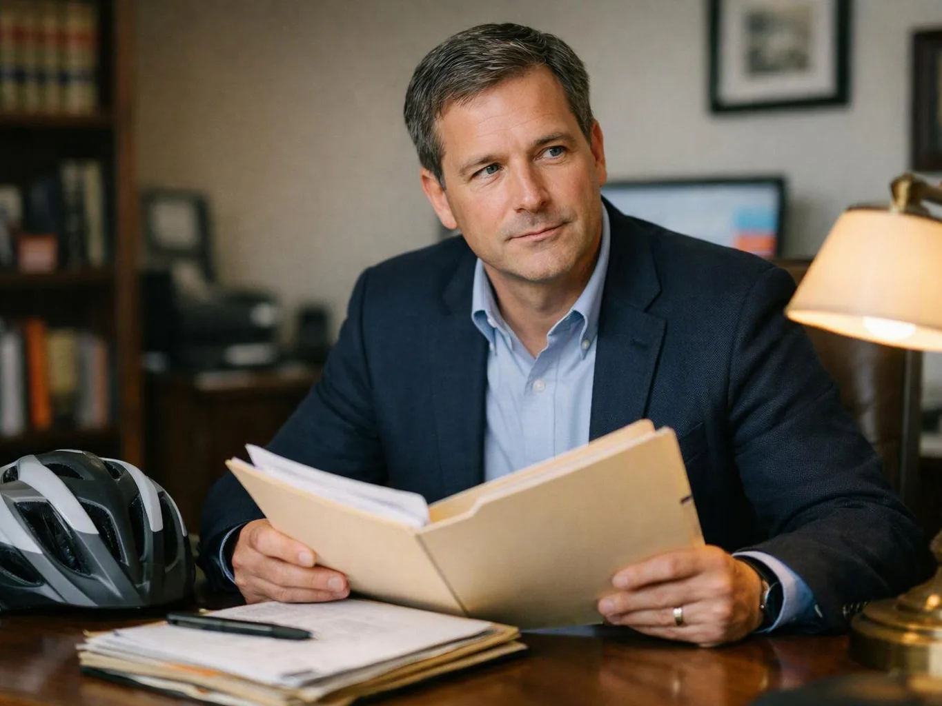 A man in a blazer reads a folder at a desk beside a bicycle helmet and lamp