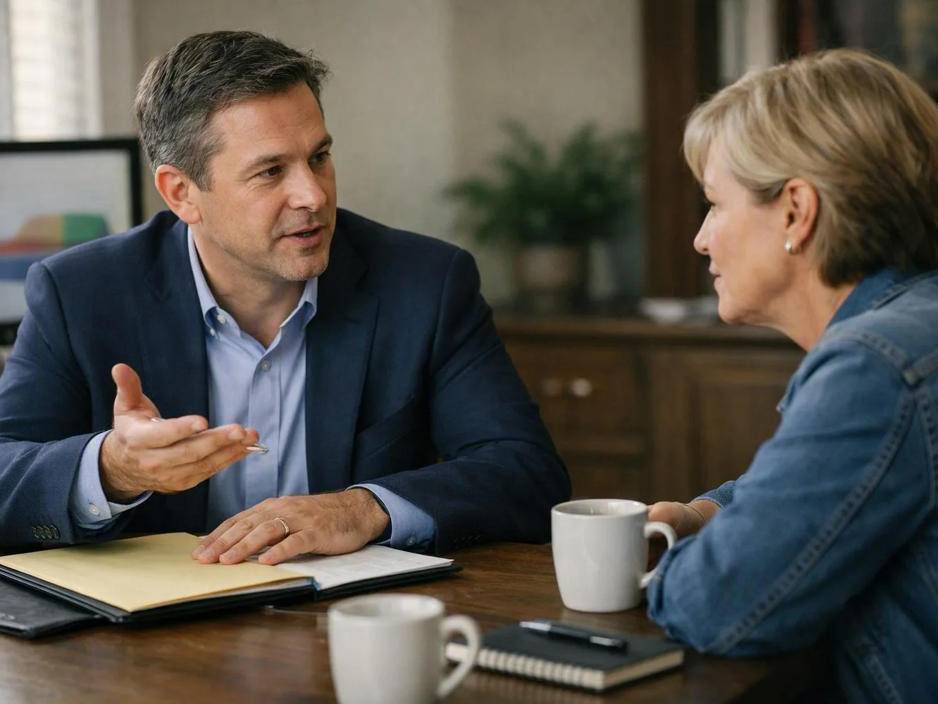 A man in a blazer talks across a table with a woman in a denim jacket, mugs and notebooks nearby