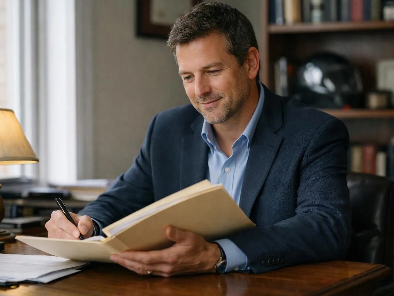 A man in a blue blazer writes in a notebook at a desk beside a lamp and bookshelves