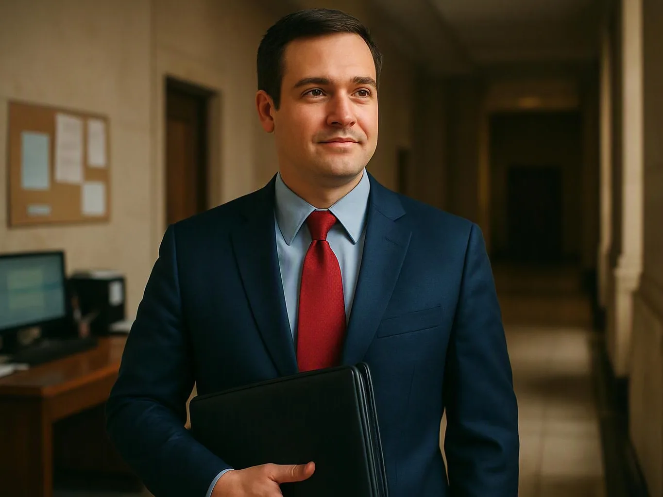 A man in a blue suit and red tie stands in a hallway holding a black folder