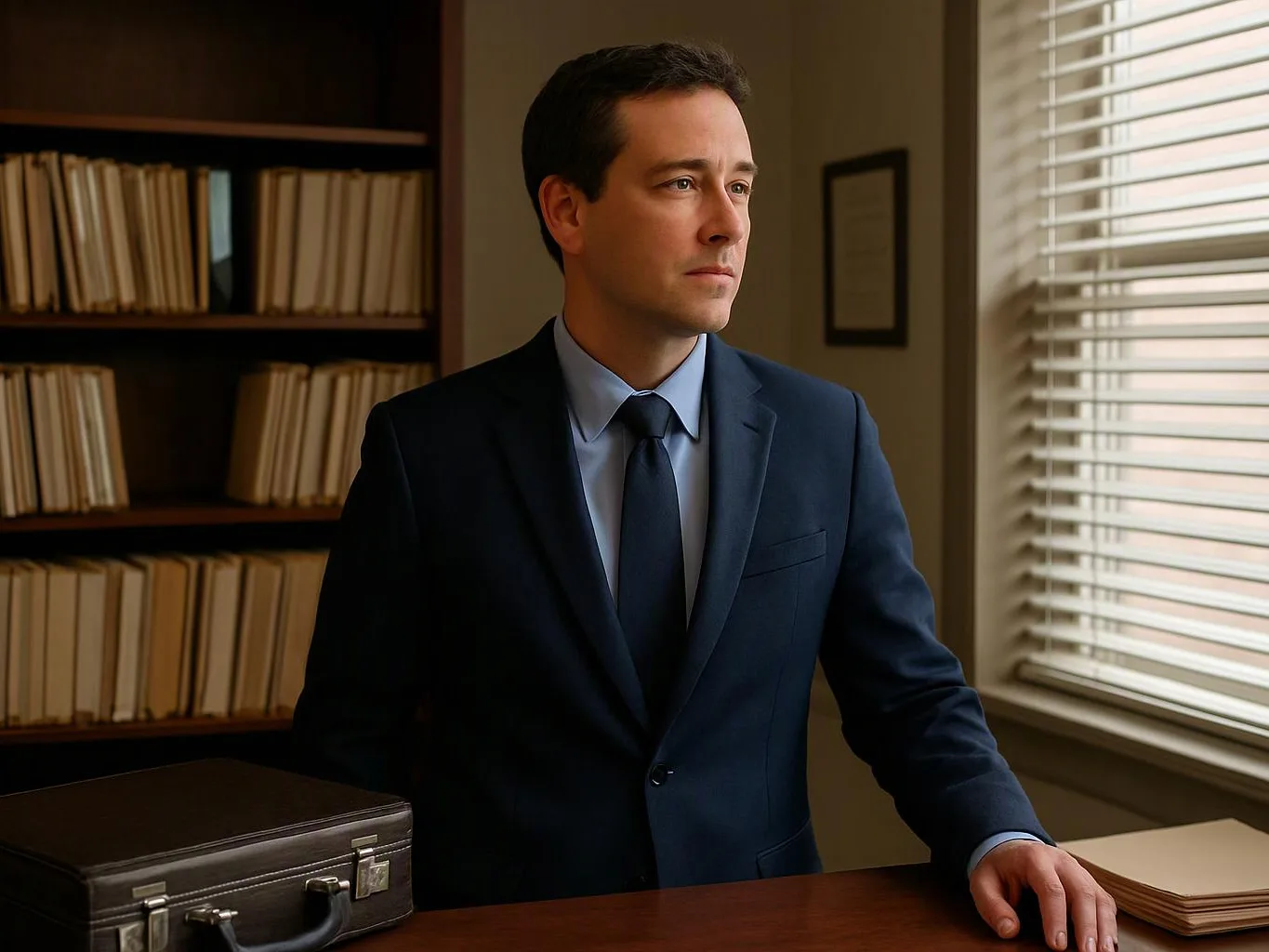 A man in a blue suit stands at a desk in an office, with bookshelves and window blinds behind him