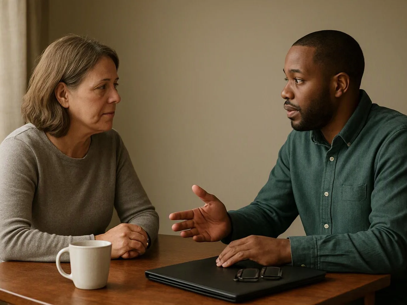 A man gestures while talking to a woman across a wooden table with a mug and closed laptop indoors