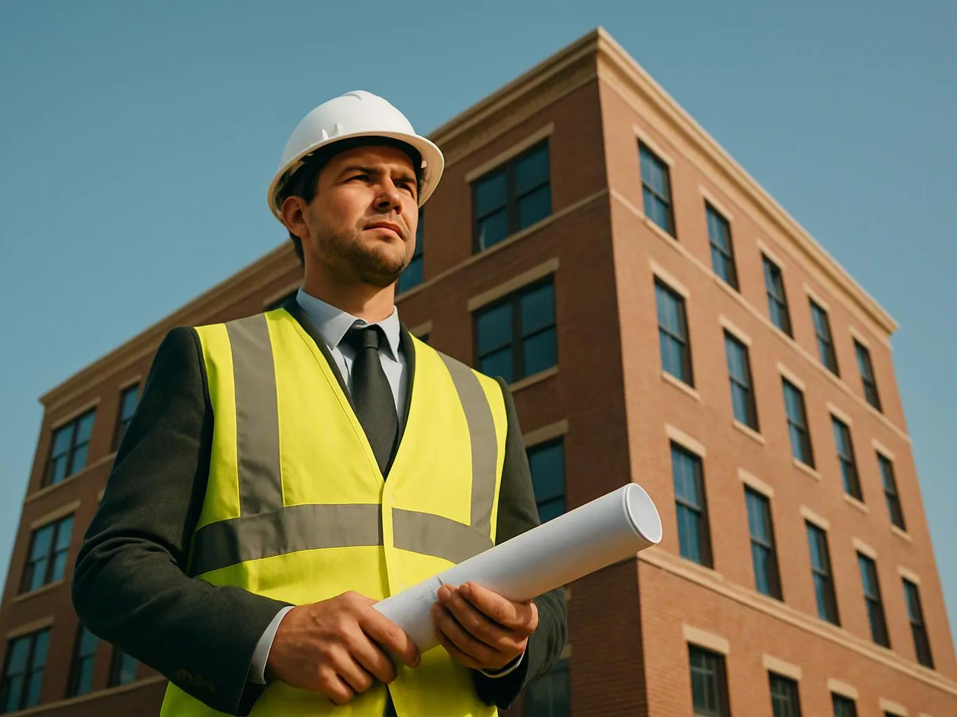 A man in a hard hat and safety vest holds rolled blueprints in front of a brick building