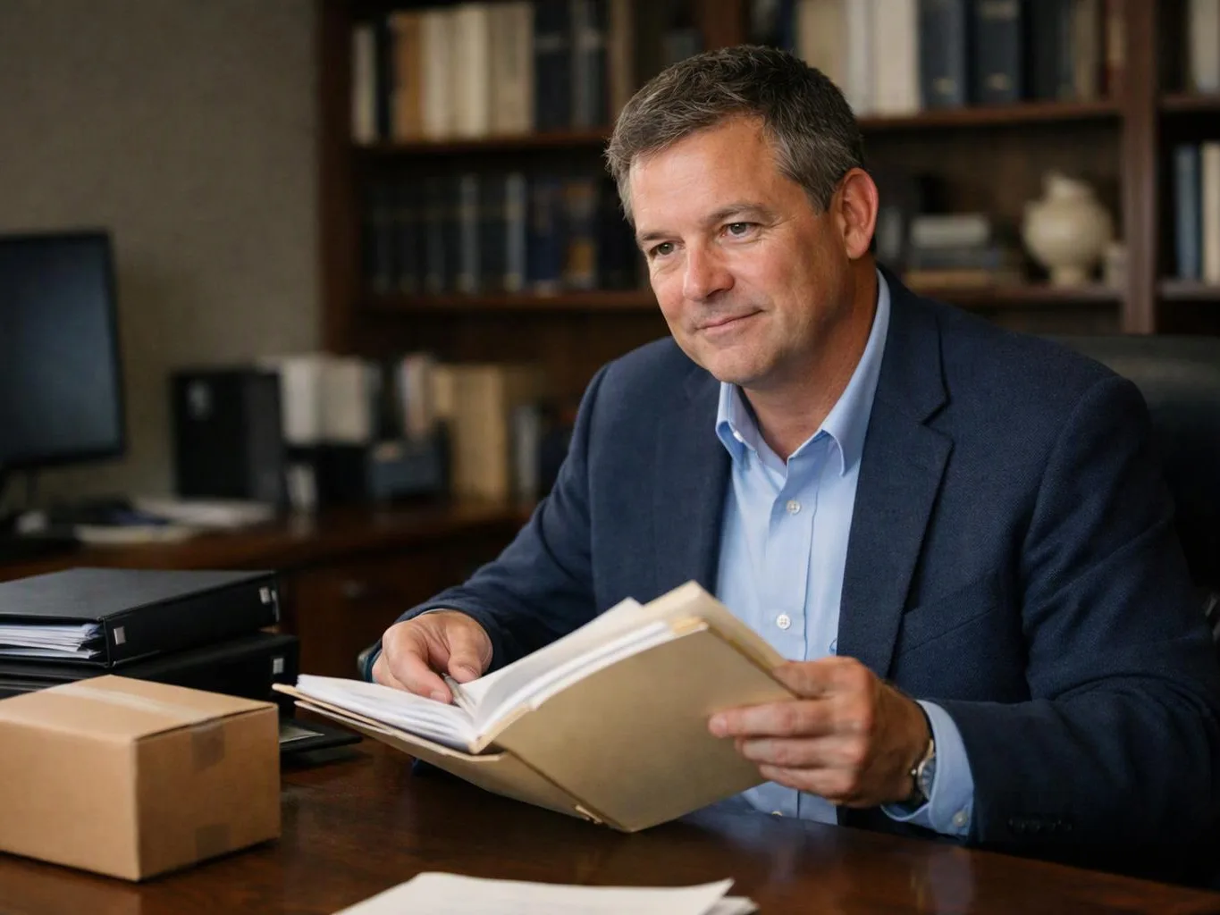 A man in a navy blazer reads an open folder at a desk in a book-lined office