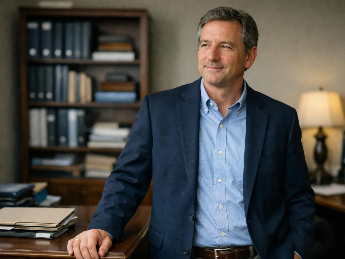 A man in a navy blazer stands by a wooden desk in an office with bookshelves and a lamp