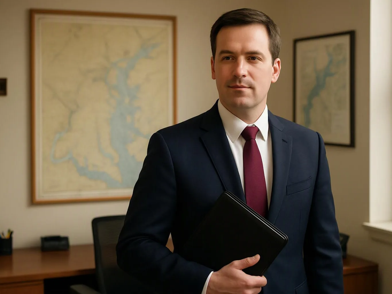 A man in a navy suit holds a black folder in a tidy office with framed maps on the wall