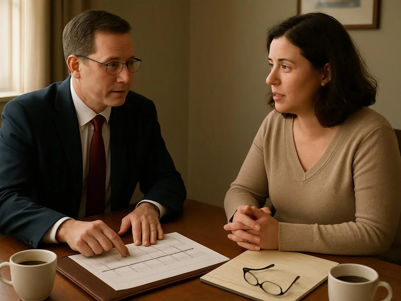A man points at papers on a table while speaking with a woman across from him in a quiet room
