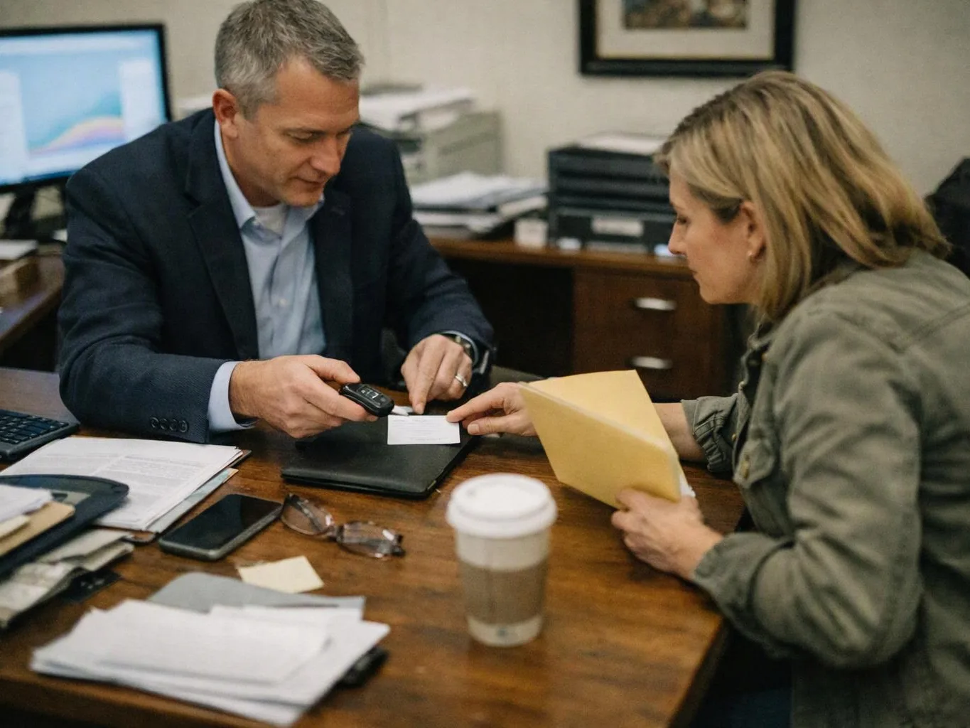 A man scans a card while a woman holds an envelope across a cluttered office desk