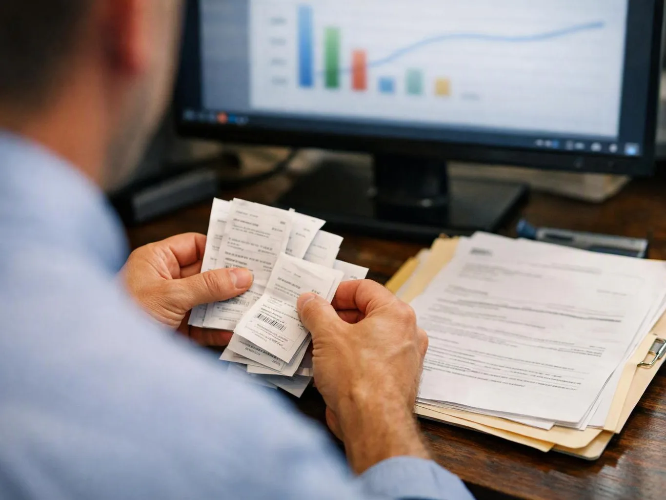 A man sorts small receipts at a desk beside paperwork and a computer screen with a bar chart