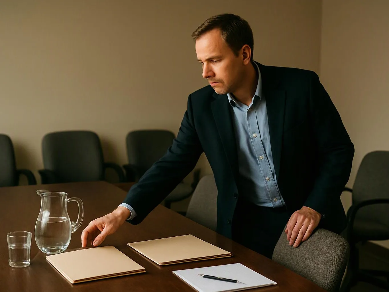 A man in a suit arranges papers on a conference table beside a water pitcher and glass cups