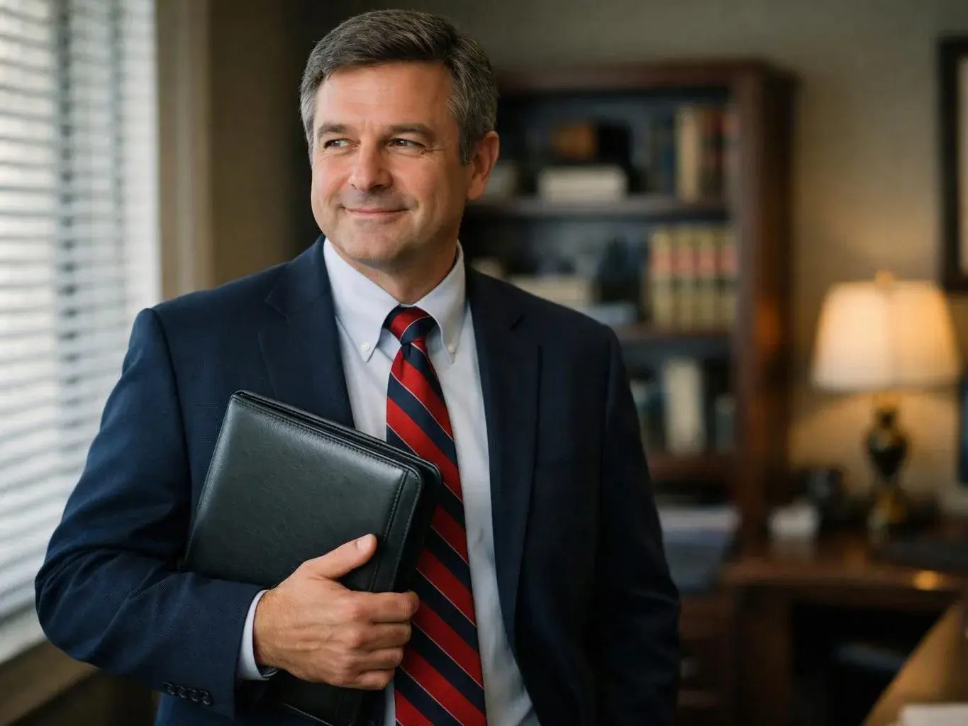 A man in a suit holds a black folder in a warmly lit office with books and a lamp