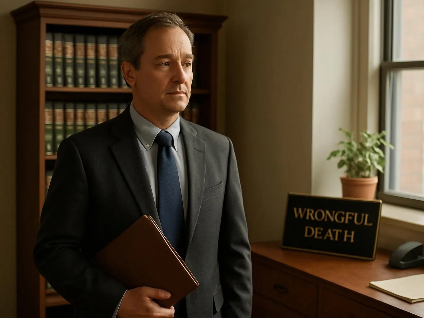 A man in a suit holds a folder in a law office beside a sign reading “WRONGFUL DEATH”
