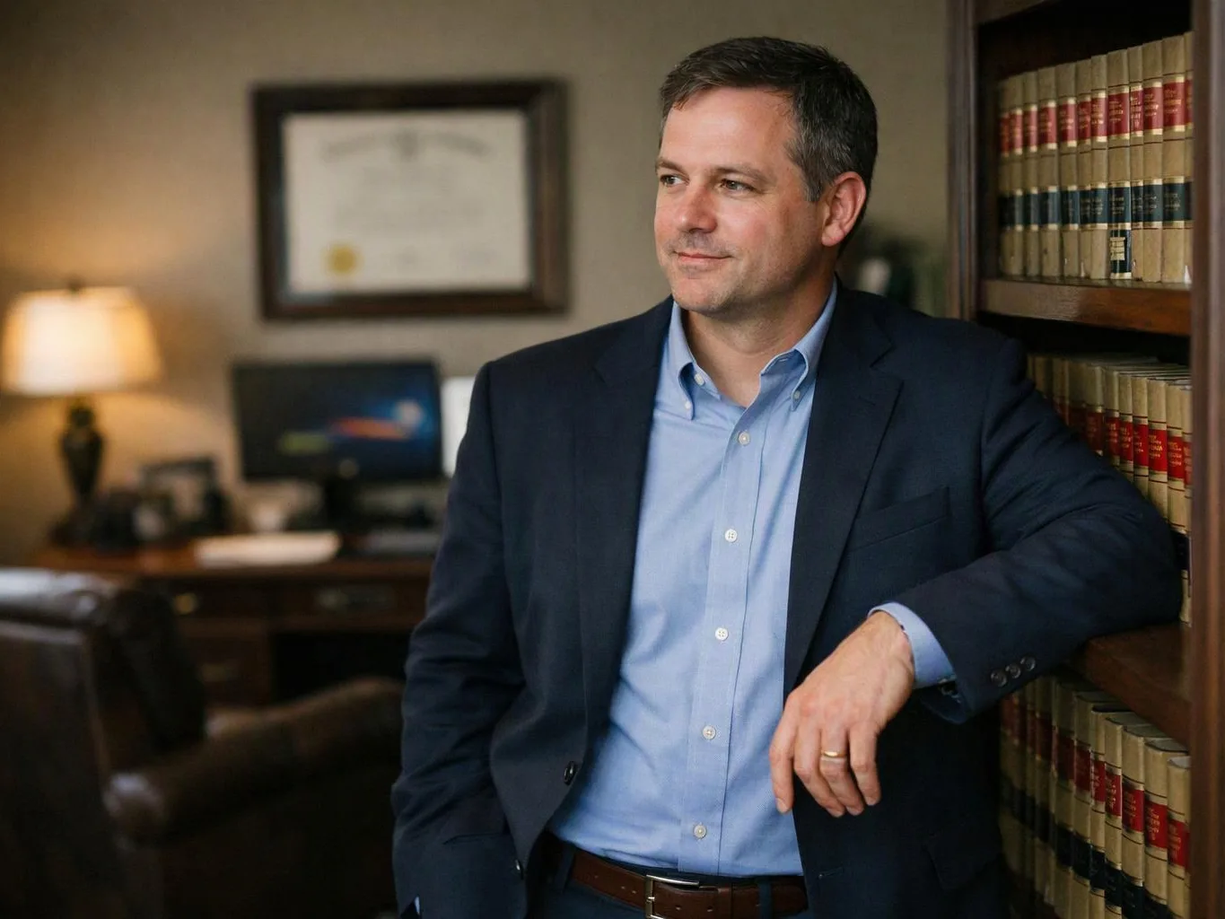 A man in a suit leans beside a bookshelf in a softly lit office