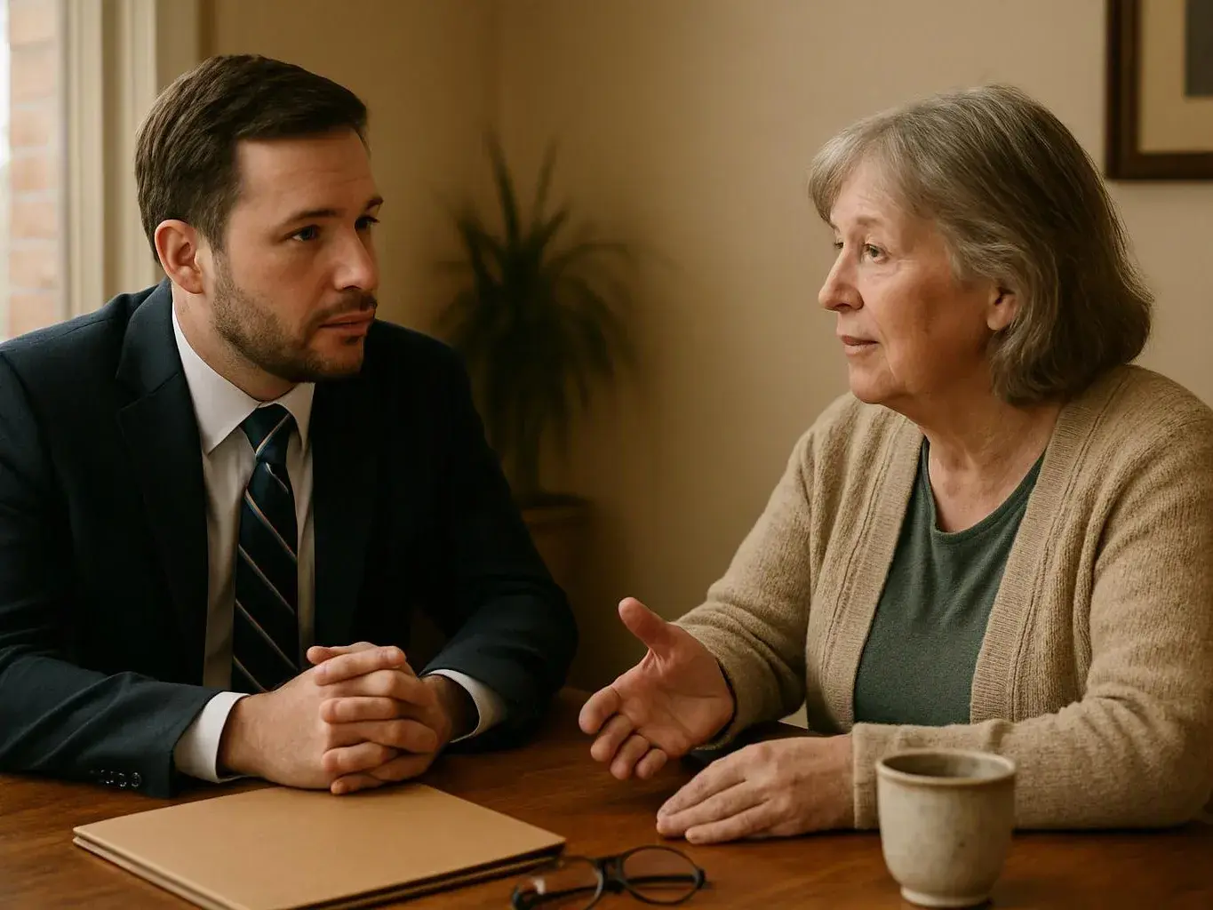 A man in a suit listens to an older woman speaking across a wooden table in a quiet room