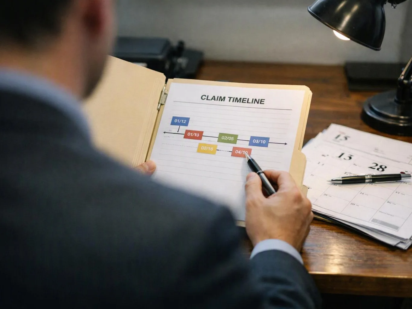 A man in a suit marks a claim timeline on a folder at a desk with a desk lamp and calendar