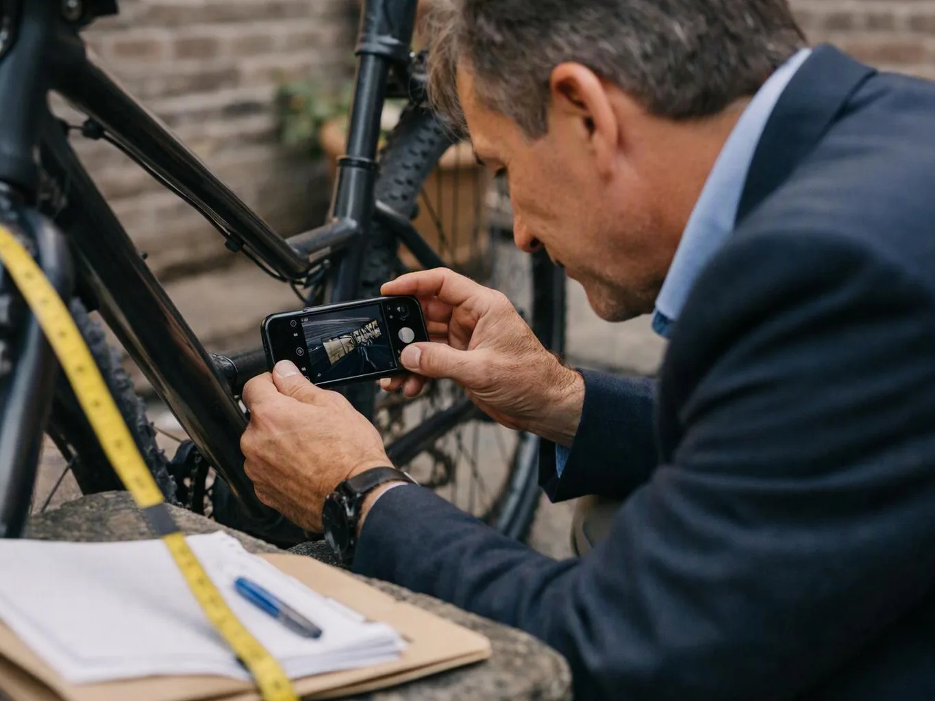 A man in a suit photographs a bicycle frame with a smartphone beside a clipboard and measuring tape