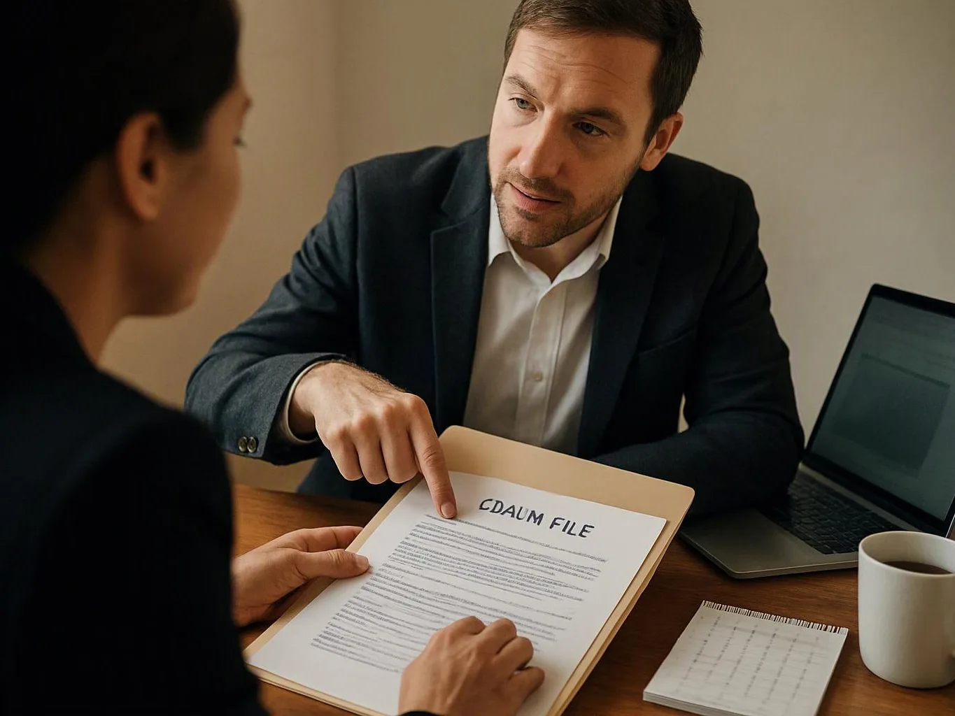 A man in a suit points at a document across a desk while another person holds it near a laptop and coffee mug